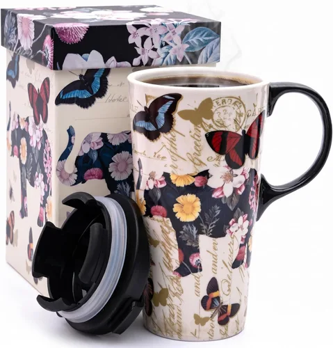 Miniatura 12 de Topadorn Taza de viaje de cerámica de 17 onzas con tapa, rosa acuarela y flores a cuadros, resistente a derrames, apta para microondas y Verde & Rosa