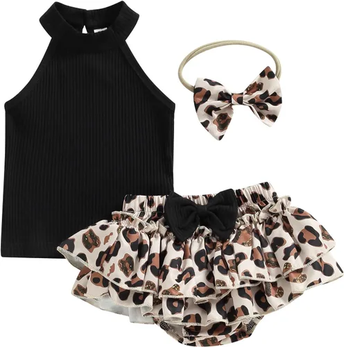 Miniatura 121 de TheFound Trajes de verano para niñas pequeñas, sin mangas, de punto acanalado, halter, pantalones cortos, ropa para recién nacidos, conjunto de 3