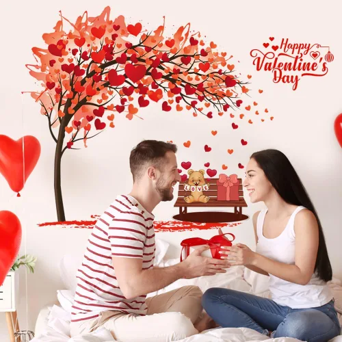 Miniatura 2 de Adhesivo de pared para el día de San Valentín, diseño de árbol de corazón con corazones rojos en 3D, calcomanías de pared para despegar y pegar
