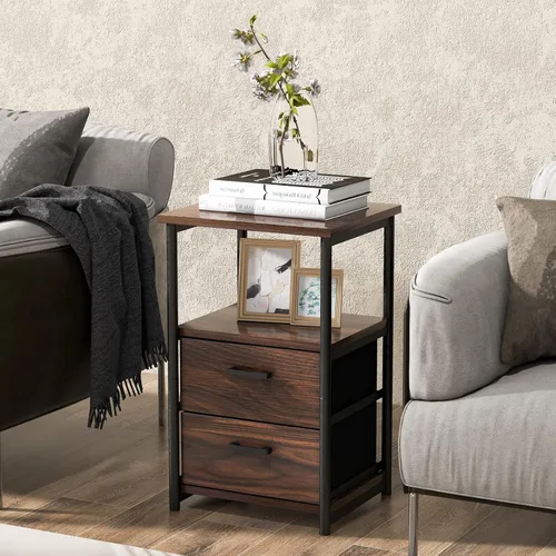 Miniatura 4 de Tangkula Mesita de noche, mesa auxiliar de sofá con estante abierto y 2 cajones, mesa de noche con marco de metal, cómoda de madera con 2 cajones
