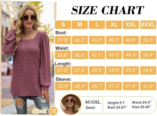 Miniatura 4 de WIHOLL Camisetas tipo túnica para mujer, ajuste holgado, manga larga, cuello cuadrado