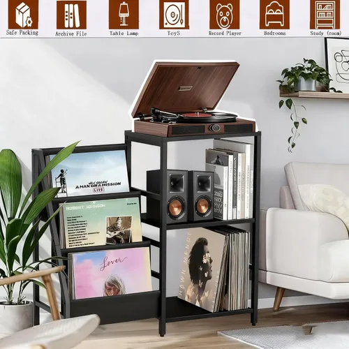 Miniatura 6 de Soporte para tocadiscos, soporte para tocadiscos con almacenamiento de discos de vinilo, soportes para tocadiscos, mesa auxiliar marrón para sala