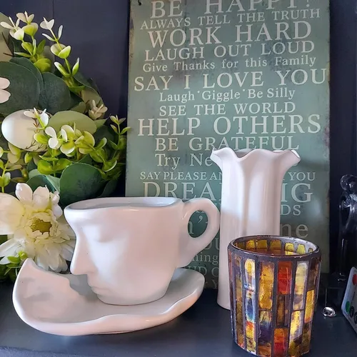 Miniatura 2 de ONEUSTAR Juego de taza de té y platillo de 8.5 onzas, taza de café de cerámica hecha a mano con cuchara para mujer, día de San Valentín, boda
