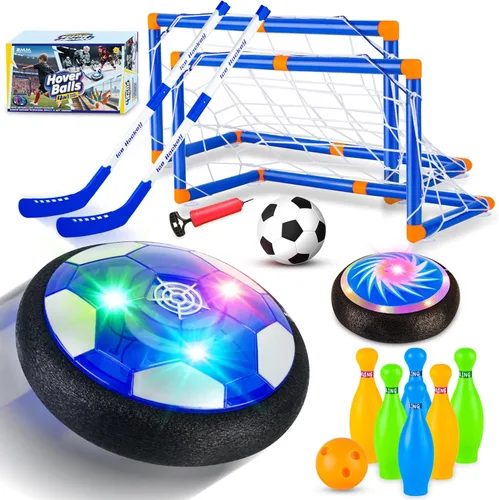 NEUBSAW Juego de fútbol de hover 4 en 1 y juego de hockey y bolos, juguete deportivo de aire flotante LED para jugar en interiores y exteriores para