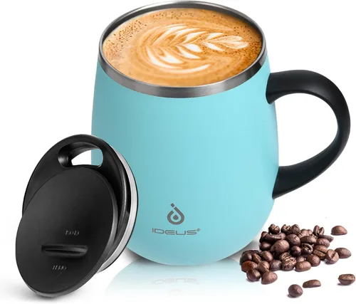 Miniatura 22 de Ideus Taza de café aislada de 16 onzas con asa y tapa, taza de café térmica al vacío de acero inoxidable de doble pared, taza de café de viaje