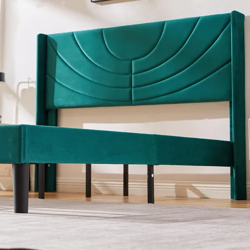 Miniatura 4 de VECELO Base de cama tapizada tamaño Queen con cabecera de tela, soporte de listones de madera, no necesita somier, base de colchón, color verde