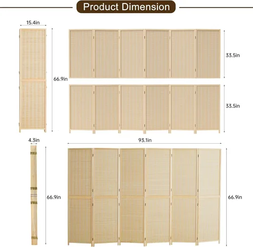 Miniatura 5 de Duraspace Divisor de habitación de bambú de 6 paneles, pantalla de privacidad plegable de 5.6 pies de alto para separación de habitaciones