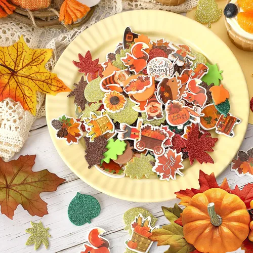 Miniatura 3 de Calcomanías de espuma de hojas de otoño de Acción de Gracias, 600 piezas de hojas de arce con purpurina otoñal y patrón colorido autoadhesivas