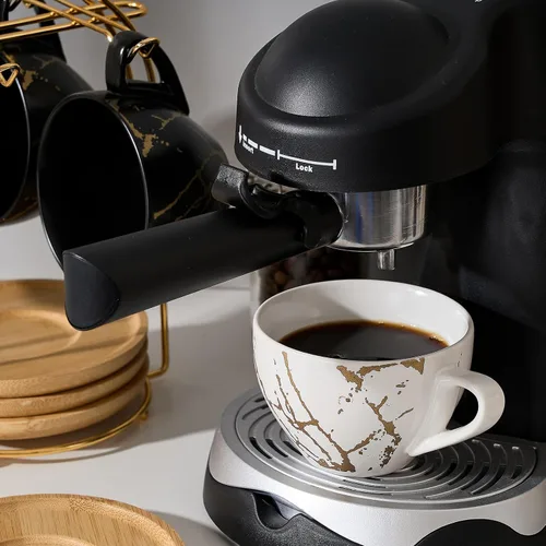 Miniatura 6 de LUKA - Juego de tazas de café de cerámica con platillos y soporte de metal, tazas de capuchino apilables de 8 oz de porcelana para té, espresso