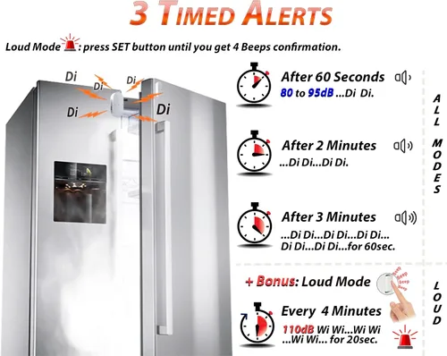 Miniatura 5 de Alarma para puerta de refrigerador y congelador con retraso cuando se deja abierta, 60 segundos, 120 segundos, recordatorios de 180 segundos, timbre