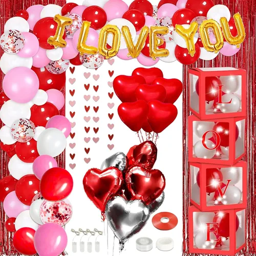 Guudmua Kit de decoración para el día de San Valentín, decoraciones de feliz aniversario, 4 cajas de globos, guirnalda de globos, decoraciones