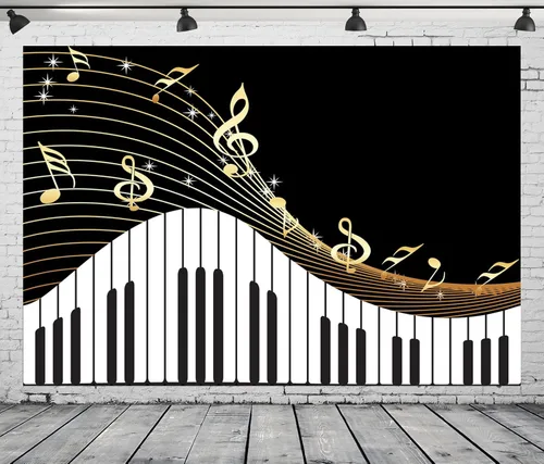 Miniatura 2 de BELECO Telón de fondo de música de piano de tela de 5 x 3 pies, teclas de notas musicales, teclas negras y doradas, fondo de fotografía, teclado
