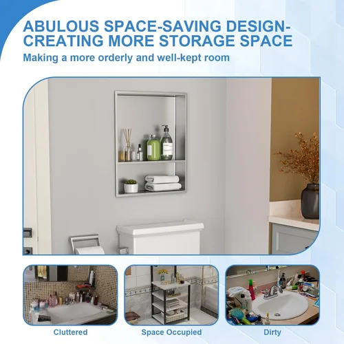 Miniatura 4 de Lordear Niche de baño 21 x 17 pulgadas, estante rectangular empotrado, no necesita azulejos, inserto de pared para almacenamiento, moderno estante