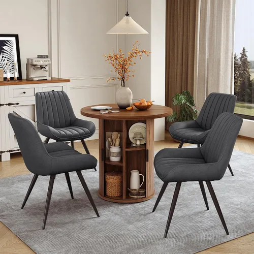 Miniatura 33 de Miereirl Juego de mesa y sillas de comedor moderno redondo, con una mesa de comedor de madera equipada con compartimentos de almacenamiento