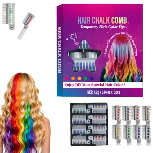 Peine de Tiza Festiva Fun, Peine de Tinte Temporal de Tiza, Juego de 8 Colores de Tiza Lavable para el Cabello, Peine de Tiza Temporal de Tinte 1