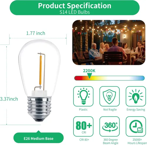 Miniatura 3 de Meconard Paquete de 30 bombillas LED S14 Edison para cadenas de luces exteriores, bombillas de repuesto de 1 vatio para cadenas de luces exteriores