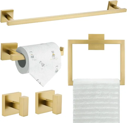 TQKAG Juego de accesorios de baño de 5 piezas, juego de accesorios de baño de oro cepillado, juego de barras de toalla montadas en la pared de