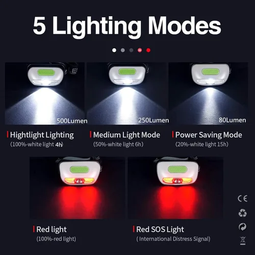 Miniatura 2 de Linterna frontal recargable, ultra brillante de 500 lúmenes, 5 modos de iluminación con luz roja, IPX4, impermeable, correa ajustable, linterna