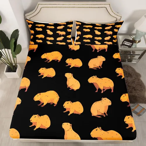 Miniatura 14 de Sábana bajera ajustable de Capybara de dibujos animados tamaño individual para niños, bonito juego de cama de Capybaras marrón para niños y niñas