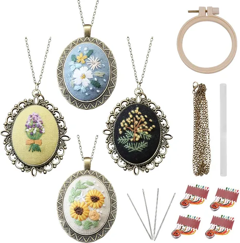 Miniatura 9 de ZOCONE 4 Paquetes de Kits de Collar de Bordado, Kit de Colgante de Bordado Mini Kit de Punto de Cruz con 4 Aros, Collar, Colgante, Tela