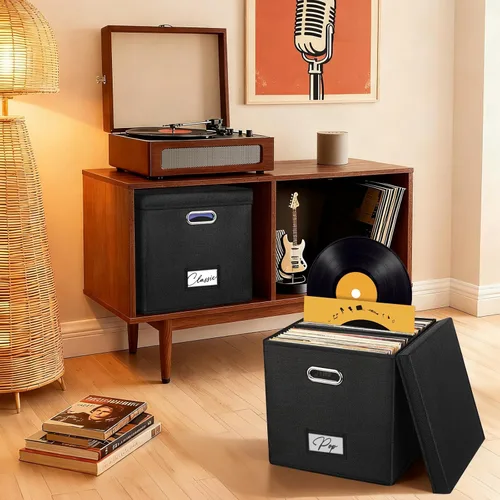 Miniatura 7 de Juego de 2 cajas de almacenamiento de discos de vinilo, para más de 100 LPs individuales (12 pulgadas), caja apilable de lino con tapa, soporte