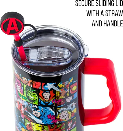 Miniatura 2 de Silver Buffalo Marvel Avengers - Vaso de acero inoxidable con asa, popote y tapa de pajilla, diseño de Iron Man, Capitán América, Blue Beetle, Thor