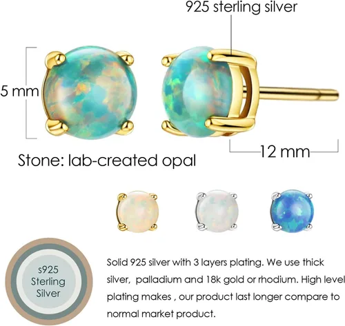 Miniatura 3 de Michooyel Aretes de plata de ley con ópalo para mujer, chapados en oro de 18 quilates, 0.197 in, ópalo solitario, 4 puntas, aretes simples para mujer