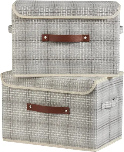 Miniatura 27 de Cajas de almacenamiento con tapa, contenedores de almacenamiento de tela de lino y algodón, contenedores organizadores, cestas decorativas plegables