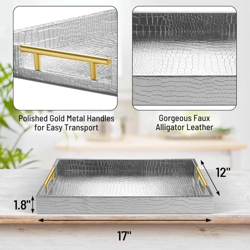 Miniatura 2 de ATZYmolin - Bandeja de servicio de madera de 17" x 12" con asas de metal dorado pulido, bandeja decorativa rectangular de madera para el hogar