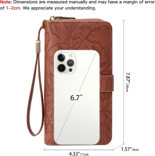 Miniatura 4 de SENDEFN Cartera de piel con cierre RFID para mujer, con cierre de cremallera, de gran capacidad, con correa para la muñeca, Marrón, Classic