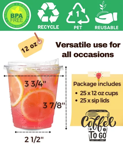 Miniatura 4 de Vasos de plástico transparente de 12 oz con tapas sin pajita, 25 juegos de vasos desechables de plástico para café helado, vasos para llevar