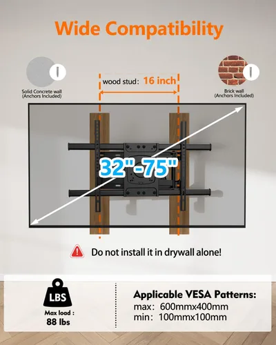 Miniatura 2 de Soporte de pared para TV de brazo largo con extensión de 25.6 pulgadas, soporte de TV de esquina de movimiento completo resistente para pantallas