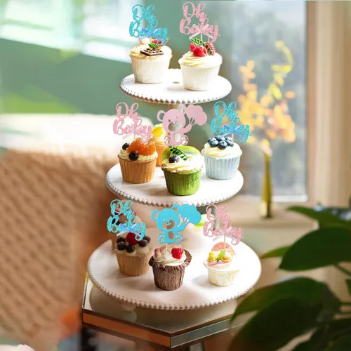 Miniatura 9 de 36 piezas de decoración de cupcakes con lazo rosa y azul para revelación de género, temática de niño o niña, decoración de cupcakes de papel