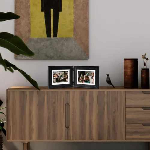 Miniatura 6 de Marco de fotos doble de madera con bisagras horizontales de 5 x 7 pulgadas, marco de fotos plegable con frente de cristal real en negro para mesa
