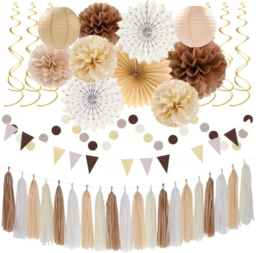 Miniatura 13 de Kits de decoración para fiestas negro blanco-plata - 33 piezas, banderas, guirnaldas con borlas para graduación, pompones de papel de seda tipo