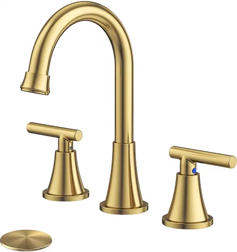 Grifos de Baño para Lavabo de 3 Orificios, Hurran Grifo de Lavabo de Baño Dorado Cepillado con Desagüe Pop-up y Líneas de Suministro, Grifo Oro