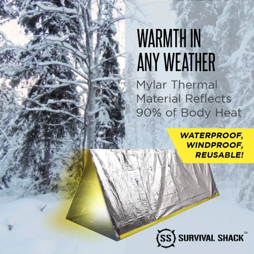 Miniatura 4 de SharpSurvival Shack - Tienda de campaña de supervivencia de emergencia – Tienda de campaña de tubo Mylar para 2 personas – Ligero 8 x 5 pies refugio