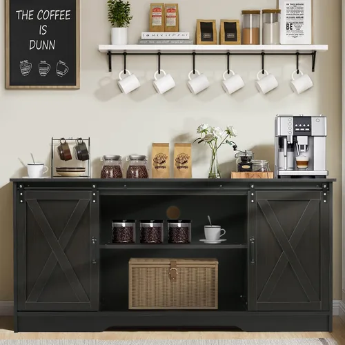4ever2buy Armario de café con almacenamiento, gabinete de cocina de 59 pulgadas con puerta corrediza de granero, mesa de café con para sala de