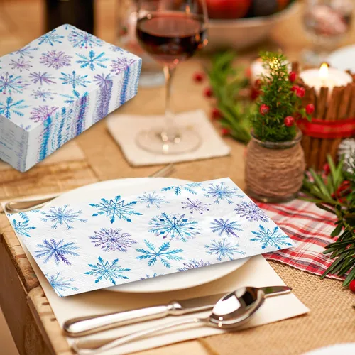 Miniatura 5 de 80 servilletas de Navidad con copos de nieve desechables de papel de copos de nieve azules y morados, servilletas decorativas de Navidad