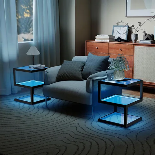 Miniatura 7 de Mesa auxiliar de vidrio Permory, mesa lateral de 3 niveles con tira de LED, mesa de diseño único en forma de S para sala de estar y dormitorio