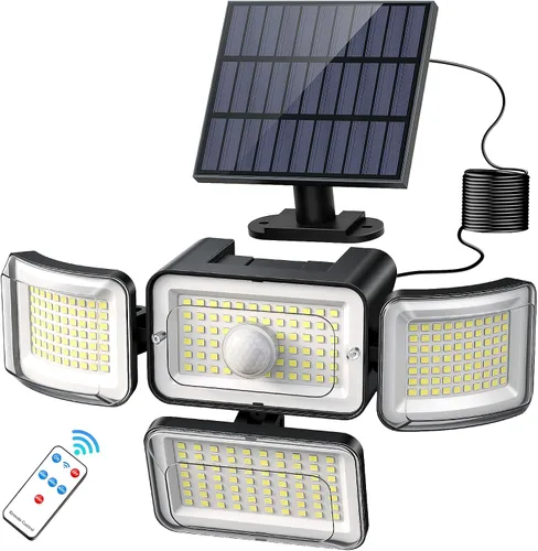 CLAONER Luces solares para exteriores, sensor de movimiento, 3500 lm, 288 luces LED de seguridad con control remoto, IP67, impermeable, 4 cabezales,