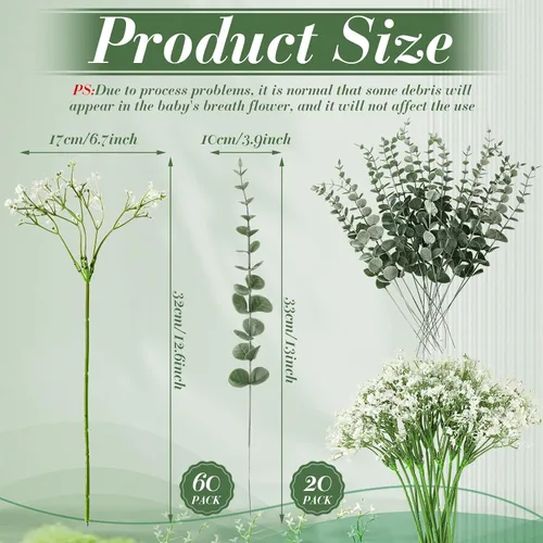 Miniatura 2 de Retrowavy 80 piezas de flores artificiales de aliento de bebé, flores de aliento de bebé, ramos de gypsophila con tallos de eucalipto sintético