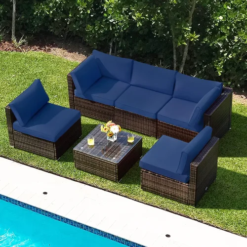 Miniatura 2 de Tangkula Juego de muebles de patio de 6 piezas, juego de conversación de mimbre para exteriores con mesa de café de cristal, juego de sofá de mimbre
