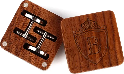 Miniatura 4 de Gemelos de acero con inicial de la A a la Z para hombre, con letras del alfabeto con caja de madera de nogal grabada, juego de regalo de boda
