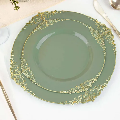 Miniatura 28 de Tableclothsfactory Paquete de 10 platos redondos de plástico barroco dorado de 8 pulgadas para ensalada de postre, vajilla desechable con borde