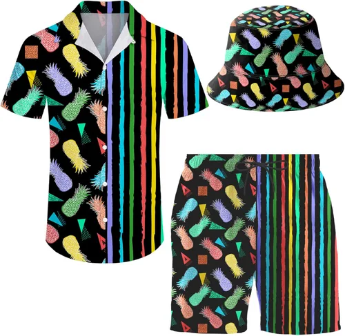 Miniatura 17 de Conjunto deportivo de 2 piezas para hombre, camisa hawaiana, pantalones cortos, camisa con botones y pantalones cortos con sombreros de pescador
