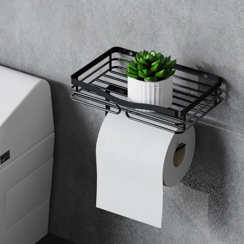 Miniatura 4 de Soporte de papel higiénico con estante de almacenamiento, metal negro, montaje sin taladros, se adapta a toallitas húmedas de tamaño Costco