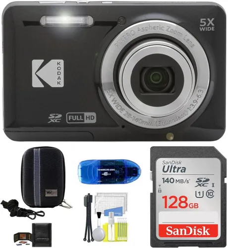 Kodak Pixpro FZ55 - Paquete de cámara digital (negra), incluye: tarjeta de memoria SanDisk de 128 GB, funda rígida para cámara, lector de tarjetas