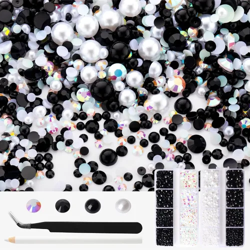 Miniatura 13 de Kit de perlas y diamantes de imitación con parte trasera plana de oro negro, 3929 unidades, diamantes de imitación de resina de tamaño mixto