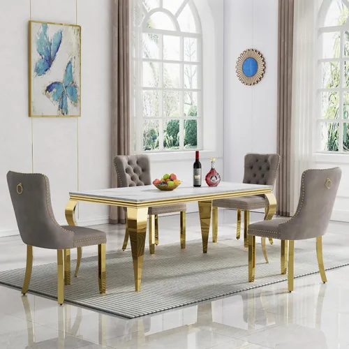 Miniatura 66 de Moderno juego de mesa de comedor de mármol sintético de 68.11 pulgadas para 6, mesa de comedor de mármol blanco y plateado con 6 sillas de Blanco